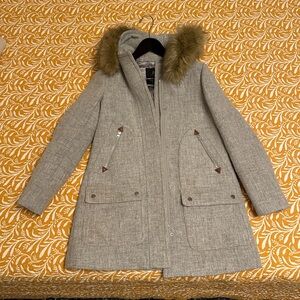 J. Crew Women's Gray Hooded Coat with Faux Fur Trim